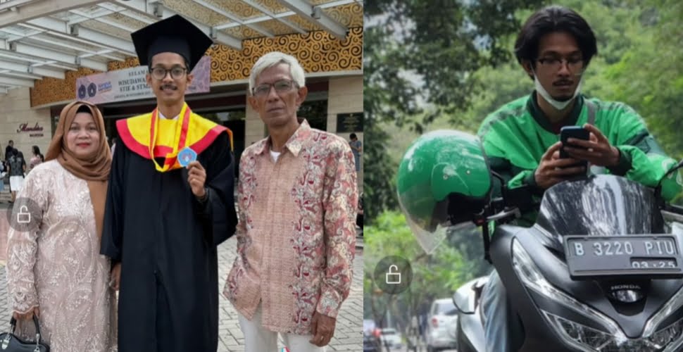 Baskoro masih berpakaian wisuda diapit kedua orangtuanya, seusai penamatan di STIE Jayakarta, Jakarta 8 November 2023. (Foto: @baskorooo)