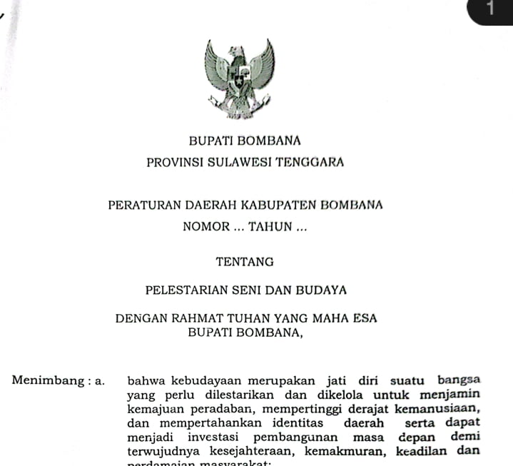 Foto: Potongan draft Rancangan Perda tentang Pelestarian Seni dan Budaya, (Istimewa)