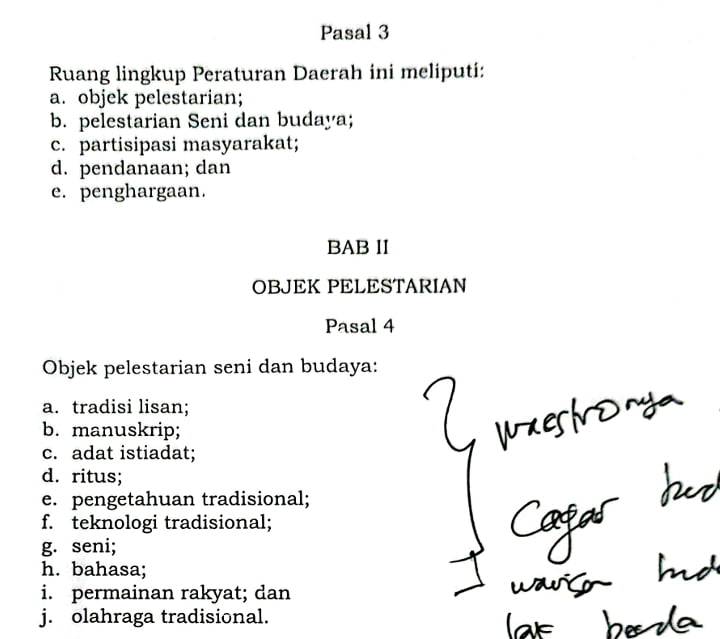 Bagian dari isi draft Perda tentang Kesenian dan Kebudayaan, (Istimewa)